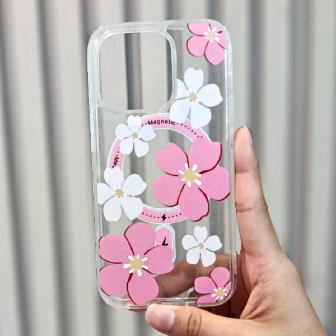 Funda "Spring Breeze": Silicona Transparente con Flores Rosas y Blancas (Carga Magnética)