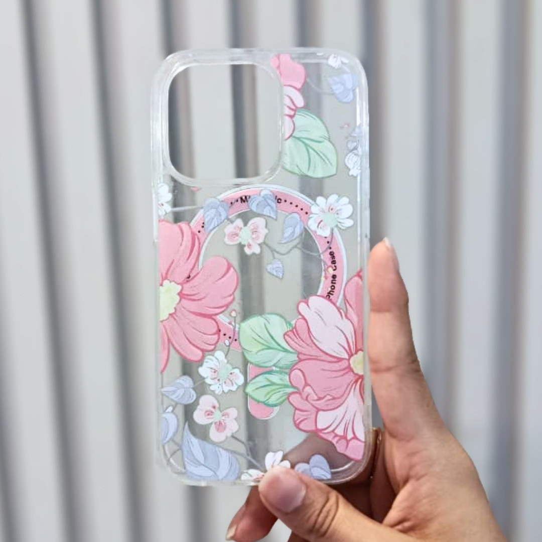 Funda "Botanical Glow" Transparente con Tecnología Magnética – Flores Rosa, Verde y Blanco