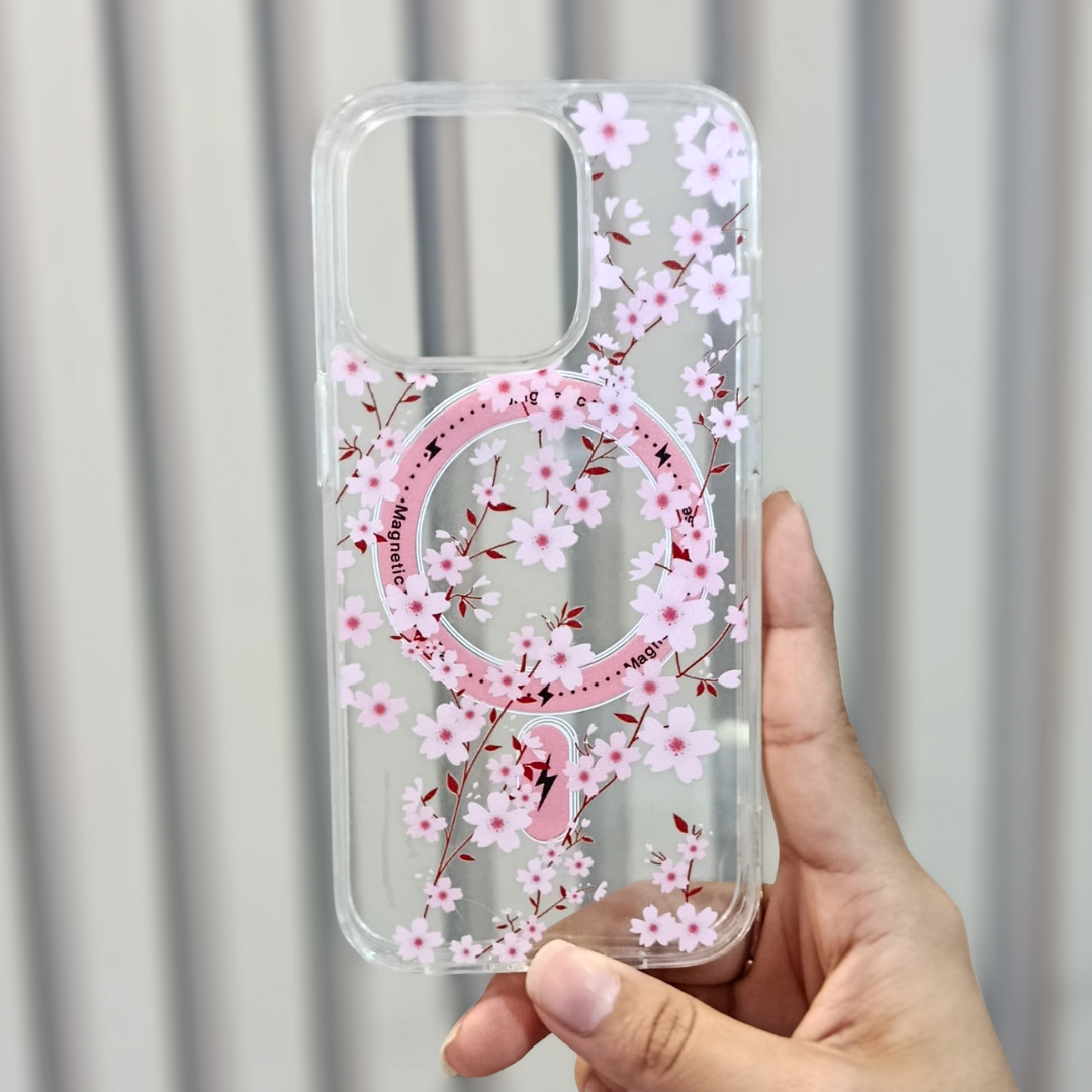 Funda Transparente con Diseño de Flores Rosas y Alineación Magnética